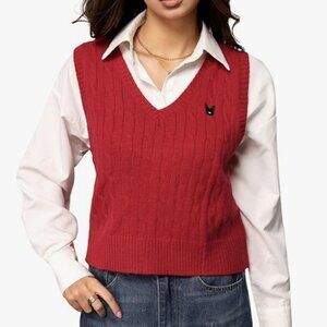 Cable Knit Sweater Vest Womens Medium Embroidery Blokecore Retro V-Neck Academia